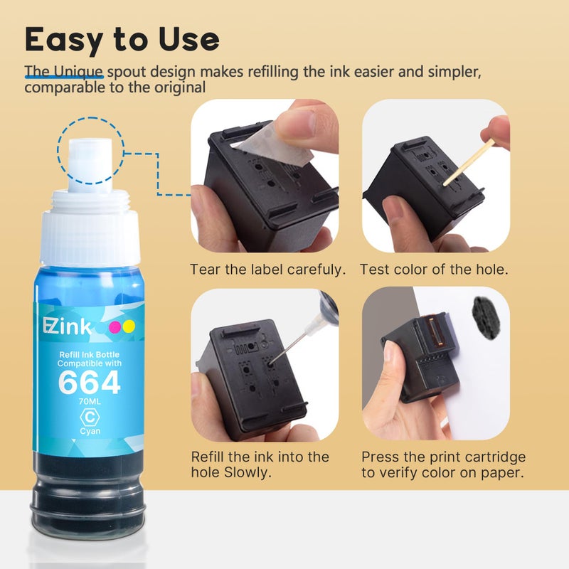 E-Z Ink Remanufactured 774 664 Ink Refill Bottles Replacement for Epson 664 Ink Refill Bottles T774 for L100 ET-3600 ET-2650 ET-4550 ET-16500 ET-4500 ET-2550 ET-2600(Black Cyan Magenta Yellow,4 Pack) - Image 3